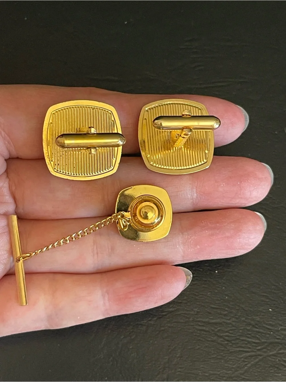 SWANK Gold-Tone Cufflinks and Tie Tack with Green jade Stone Centers